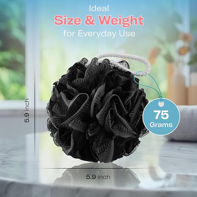 Bath Loofah Sponge Pack of 4-75g Black Color Mesh Shower Pouf for Women & Men, Loofah Exfoliating Body Scrubber & Bath Sponges – Gentle Shower scrunchies for Smooth Skin Care