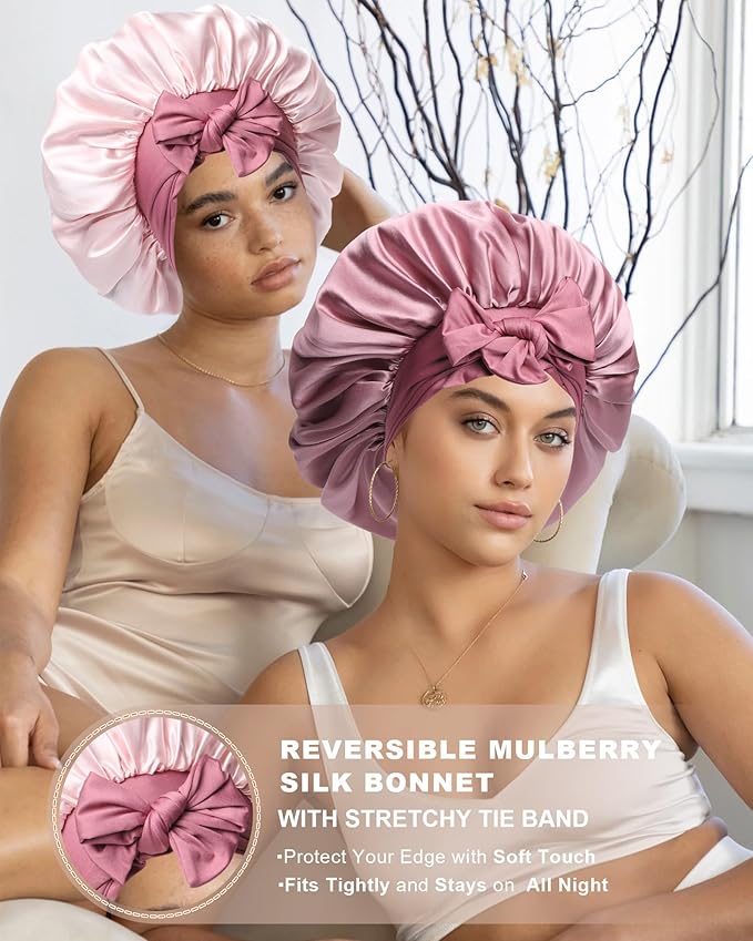 Mulberry Silk Bonnet Sleeping Women Curly Hair Bonnets Tie Band Double Layer Reversible Sleep Bonnet Silk Hair Wrap Sleep Cap