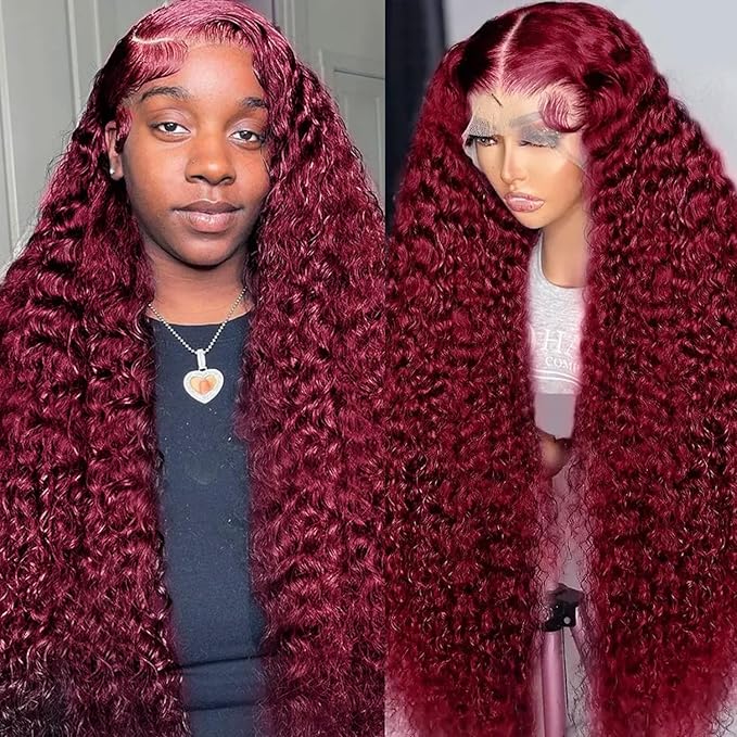 Burgundy Wig Human Hair 99j Burgundy 13x6 Deep Wave Lace Front Wigs Human Hair Pre Plucked 180% Density HD Transparent Lace Frontal Wigs for Black Women Red Colored Wig 36 Inch