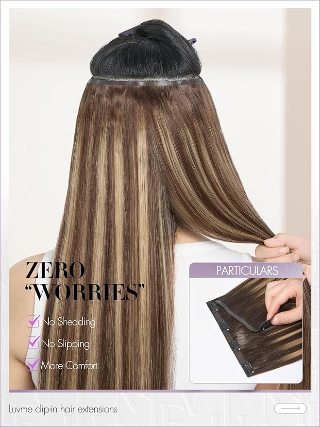 LUVME Clip in Hair Extensions, Straight Seamless 16 Inch 70g 4Pcs Chestnut Brown, 100% Real Remy Human Hair, Soft Natural Full Max Invisible Comfortable Hair Extensions for Women