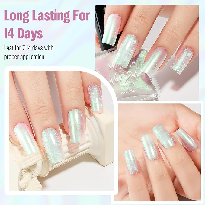 Pearl Pink to Green Iridescent Nail Polish 15ml - Aurora Mermaid & Unicorn Glossy, Quick Dry Air Dry Long Lasting, Oil-Based Vegan Nail Art Polish - DIY at Home