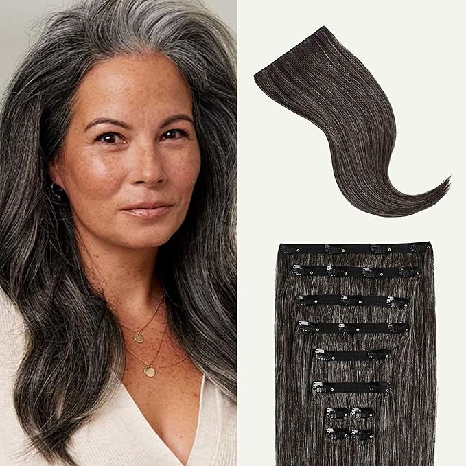 Luxy 100% Remy Human Hair, Classic 160g Clip-In Hair Extensions - 10 Wefts Multi-Dimensional Color for Natural Blending, Adds Volume & Length, Easy Apply & Remove 20" Dark Gray Classic