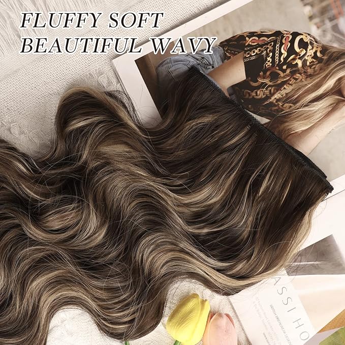 NAYOO Clip in Hair Extensions for Women 20 Inch Long Wavy Curly Dark Brown Mix Blonde Hairpieces Full Head Synthetic Hair Hairpieces(6PCS, Dark Brown Mix Blonde)