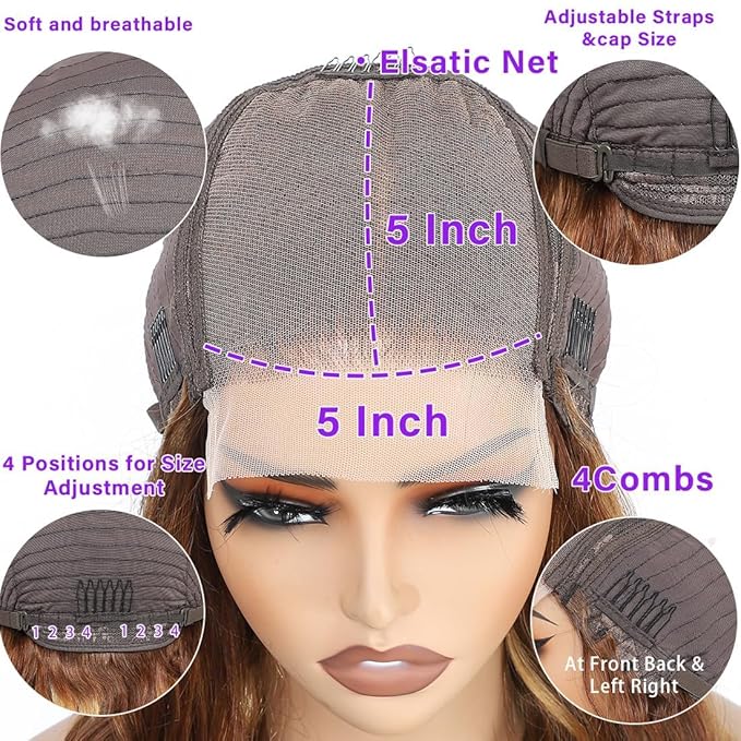 Honey Blonde Lace Front Wig Human Hair 5x5 HD Lace Closure Wigs Human Hair Pre Plucked with Baby Hair 180% Highlight Glueless Lace Front Wigs Human Hair Body Wave Closure Wig(16 Inch)
