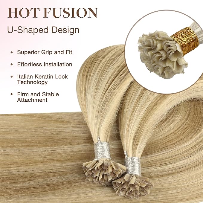 GOO GOO U Tip Hair Extensions - Real Human Hair, 16inch 50g 50S, Hot Fusion, Invisible Remy, 16/22 Light Blonde Highlighted Golden Blonde