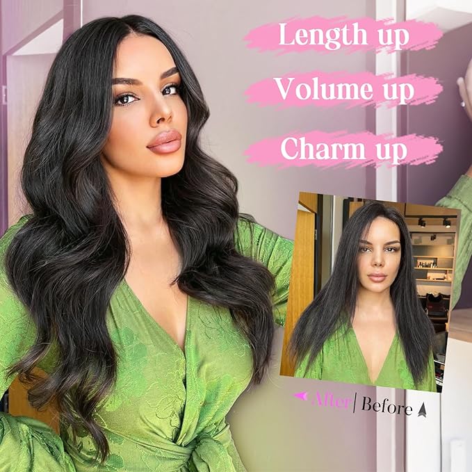 Invisible Wire Hair Extensions with Transparent Wire Adjustable Size 4 Secure Clips Long Wavy Secret Hairpiece 16 Inch for Women(Natural Black)
