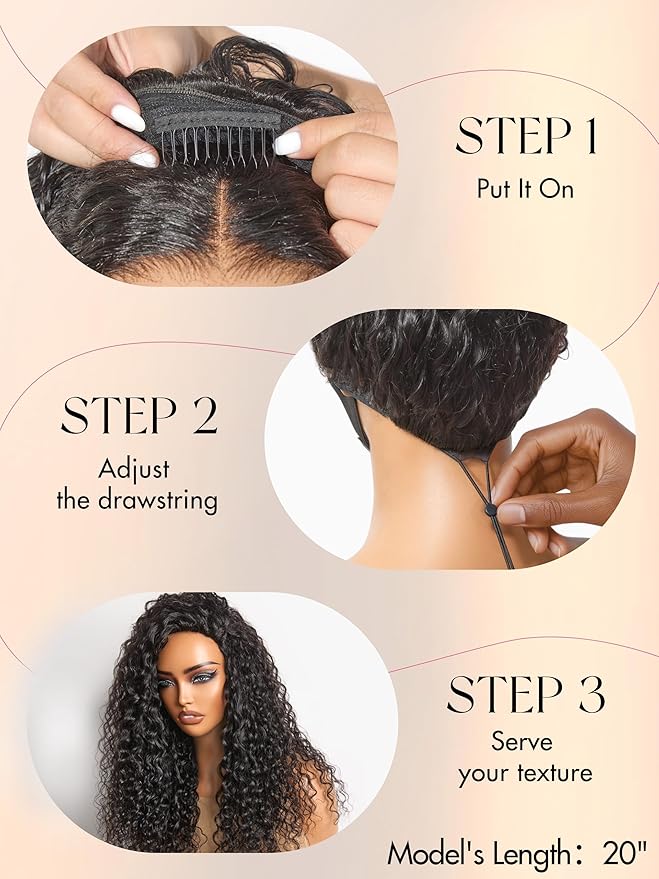 LUVME HAIR Half Wig Human Hair Water Wave Flexi-Fit Invisi Flip Drawstring Wig 200% Density Glueless Wigs 100% Human Hair Natural Black Ready to Go Headband Wig for Women