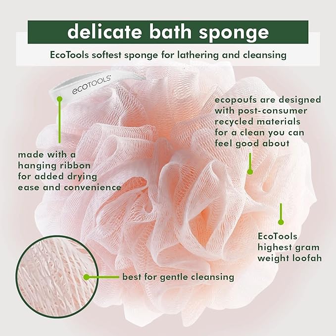 EcoTools Delicate EcoPouf 4 Pack, Loofah Sponge for Bath & Shower, Recycled Netting, Gentle Exfoliation, Pouf for Body Wash, Eco-Friendly Bath Accessory, Cruelty-Free, Color May Vary, (60g Each)