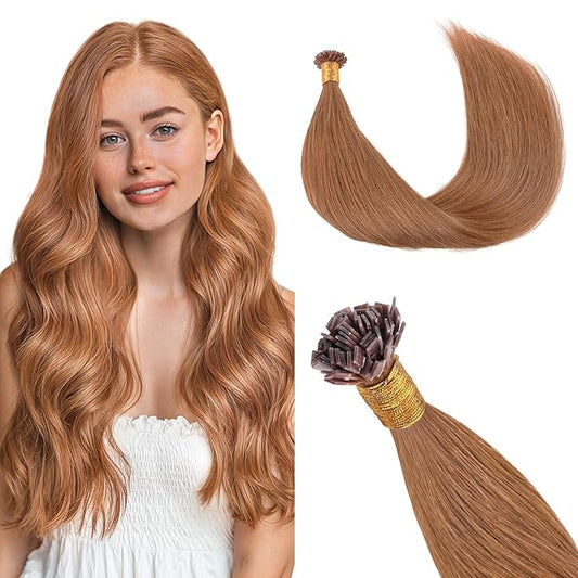 GOO GOO Mini Flat Tip Hair Extensions K Tip, Invisible Hot Fusion Human Hair Extensions, 18inch 50g 63S, 330 Cinnamon Terra Copper