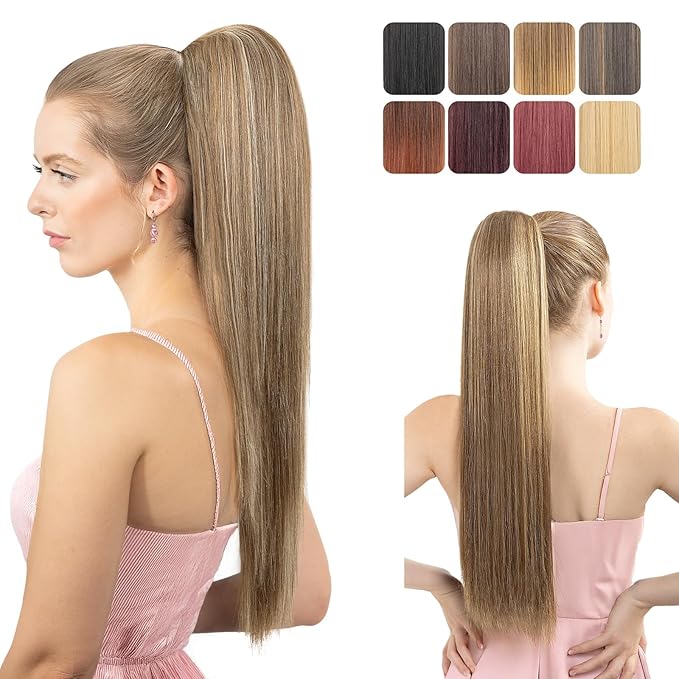Ponytail Extension, 24" Long Straight Claw Clip Ponytail Extension clip on ponytails hair clip Hair claw clip Fake Ponytail Hairpieces for Women - Golden Brown with Blonde HL