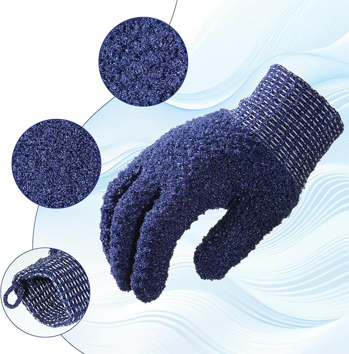 Shower Exfoliating Gloves, 2 Pairs Heavy and Large Bathing Gloves Body Wash Dead Skin Removal Deep Cleansing Sponge Loofah for Women Men Shower Spa Massage Body Face Hand Foot, Blue
