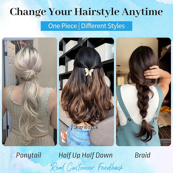 KooKaStyle Invisible Wire Hair Extensions 20‘’ Long Wavy Layered Synthetic Clip in Hair Extensions with Transparent Wire Adjustable Size 6 Secure Clips Dark Brown Thick Hairpieces for Women 20 Inch