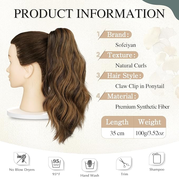 SOFEIYAN 14" Ponytail Extension, Short Wavy Claw Clip in Ponytail Hair Extension Synthetic Hairpieces Dark Brown/Golden Auburn Layered Natural Fluffy Curly Drawstring Ponytail Hair Piece for Women