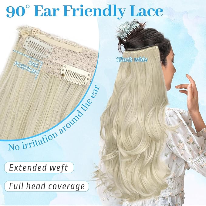 KooKaStyle Invisible Wire Hair Extensions Long Wavy Layered Synthetic Hair Extensions with Transparent Wire Adjustable Size 6 Secure Clips 4T613D#Platinum Blonde Hairpieces for Women 20 Inch