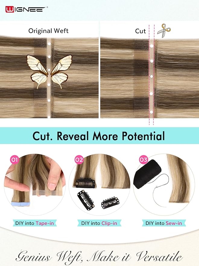 WIGNEE OVO 18 Inch Butterfly Invisible Weft Hair Extensions Human Hair, 1PC 50g Double Layer 13 Inch Wide Seamless Cuttable Blended Blonde with Micro Beads, Glueless Install for Thin Hair Volume
