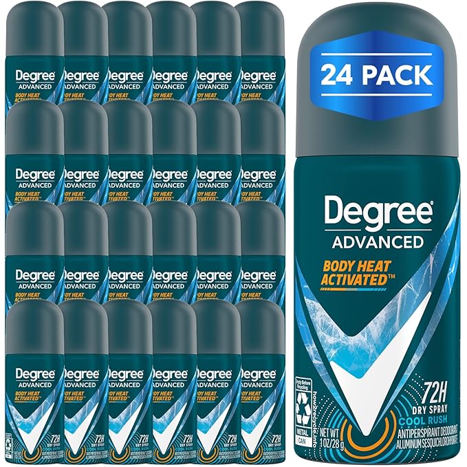 Degree Men’s Travel Deodorant Antiperspirant 24-Pack – 72H Advanced Protection Dry Spray, Cool Rush Scent, 1 Oz Ea