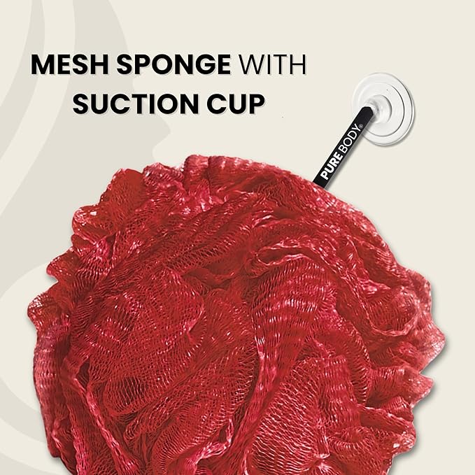 Large Bath Sponge Pack of 3 – Soft 70G Mesh Loofahs with Suction Cup (Dark Red): Gentle Exfoliation for All Skin Types, Rich Lather Poufs for Daily Shower Use
