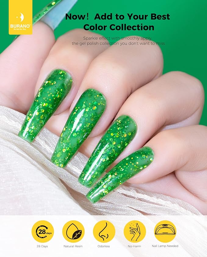 BURANO Glitter Gel Nail Polish, LED UV Nail Gel Shimmer Holographic Effect Soak off DIY Nail Salon (Green LP8)