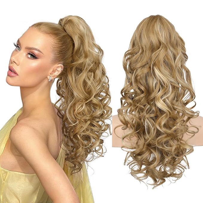 REECHO Ponytail Extension, 20” Claw Clip Ponytail Extension Curly Clip in Ponytail Long Pony Tails Hair Extensions for Women Synthetic Hairpiece, Medium Blonde with Blonde Highlights