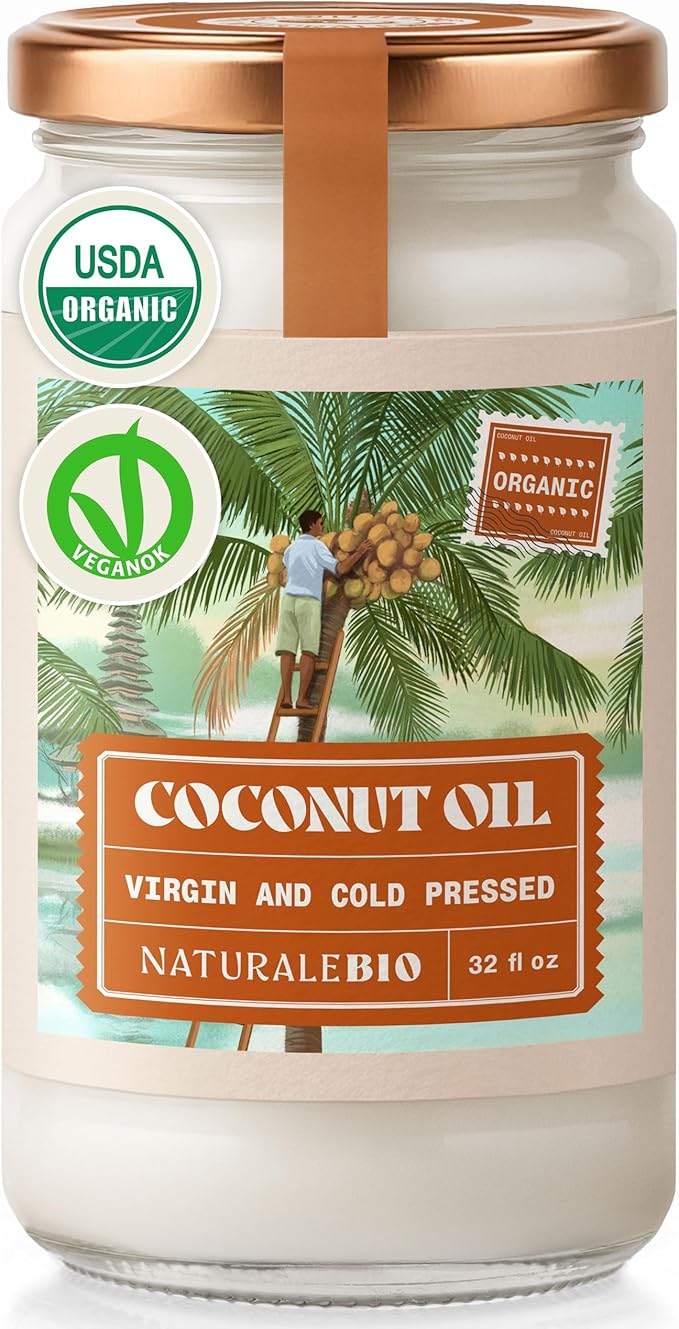 NaturaleBio Organic Virgin Coconut Oil 32 fl oz Raw Cold Pressed for Skin, Hair, Moisturizer, Massage, Body, Hand, Cream, Vegan Butter Alternative, Ideal Lotion, Perfect Care
