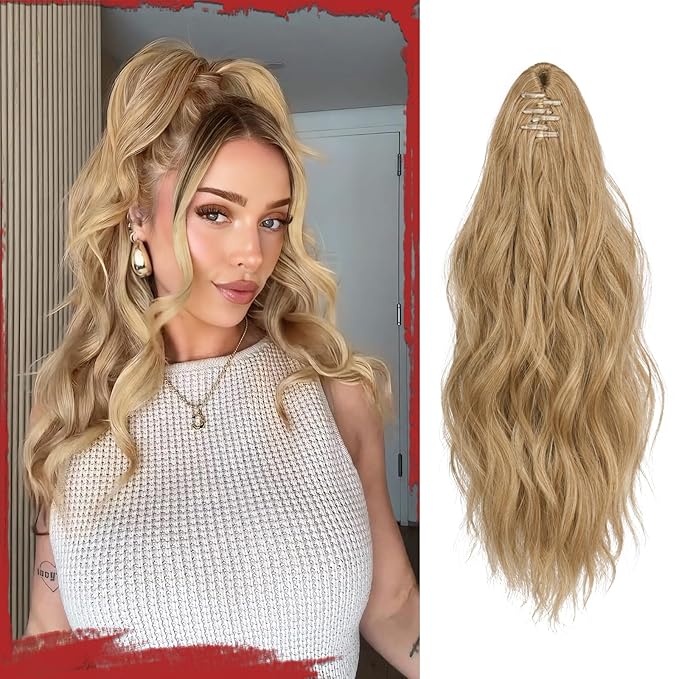 SOFEIYAN Ponytail Extension 16" Curly Wavy Claw Clip Ponytail Hair Extensions Small Claw Clip in Hairpiece Fluffy Clip on Pony Tails Jaw Clips for Women Synthetic Hairpiece, Blonde&Gold Highlights