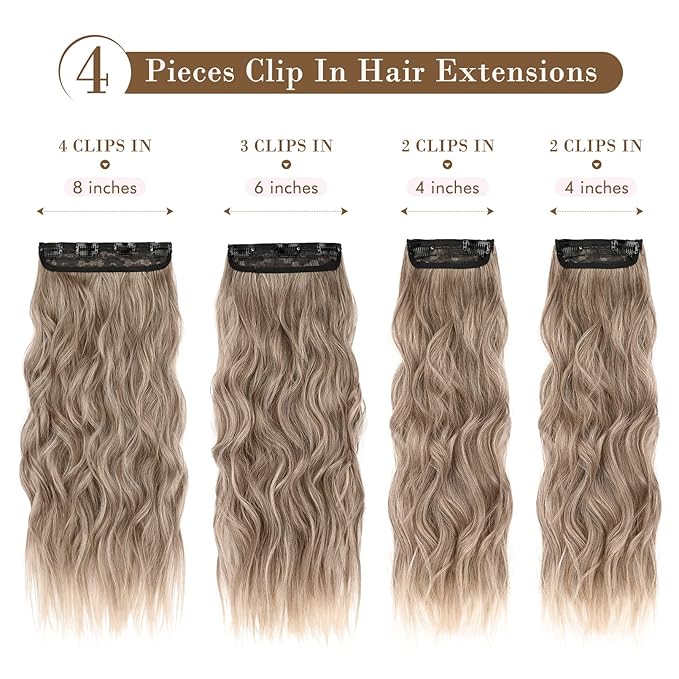 REECHO Hair Extensions, 4PCS Clip in Hair Extensions HE001 Natural Soft Synthetic Hairpieces for Women (20 Inch-200 Gram (Pack of 4), Ash Brown with Blonde Ends)