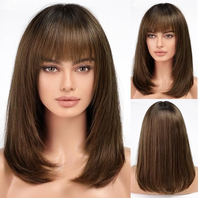 KKU 16 Inch Ombre Brown Human Hair Wigs for Women,Layered Straight Hair Wig with Bangs,Wear Natural Realism