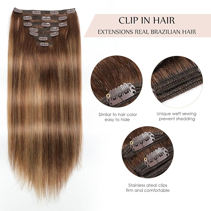 Sisily Clip in Hair Extensions Real Human Hair, 22 inch 170g, Chocolate Brown To Caramel Blonde, 100% Brazilian Remy Human Hair Clip in Extensions Soft Straight 7pcs Per Set with 16 Clips Double Weft