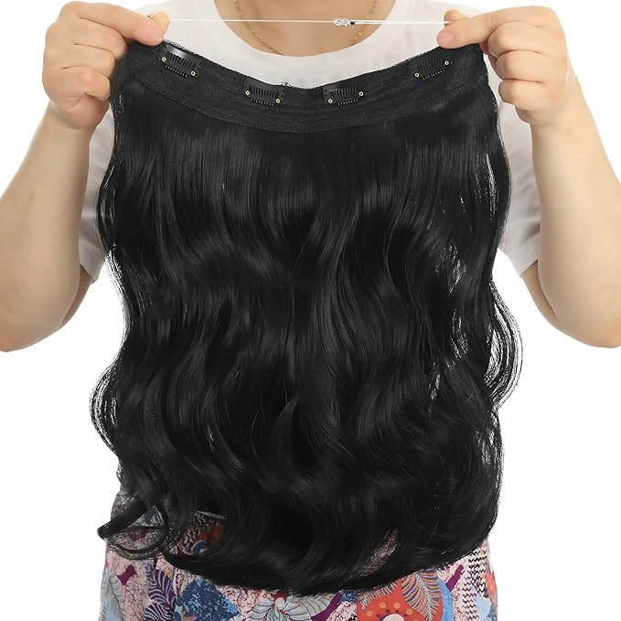 Invisible Wire Hair Extensions Transparent Wire Adjustable Size 4 Secure Clips Long Wavy Curly Secret Hairpiece 18 Inch for Women