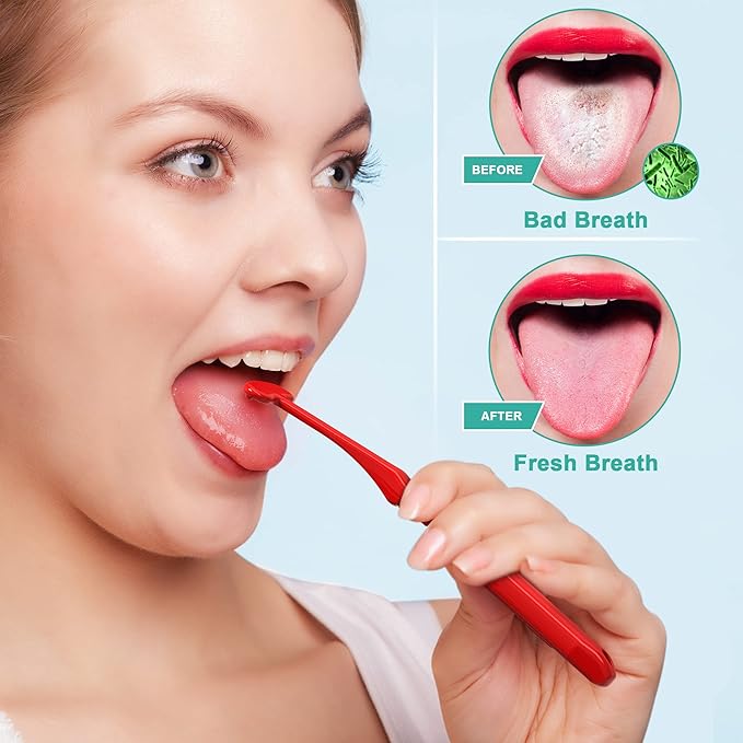 Mspan Tongue Scraper Cleaner for Adults: Tongue Brush Cleaning Scrubber with Plastic Travel Case Cap - Clean Bad Breath Dental Oral Care Red Purple 2 Pack