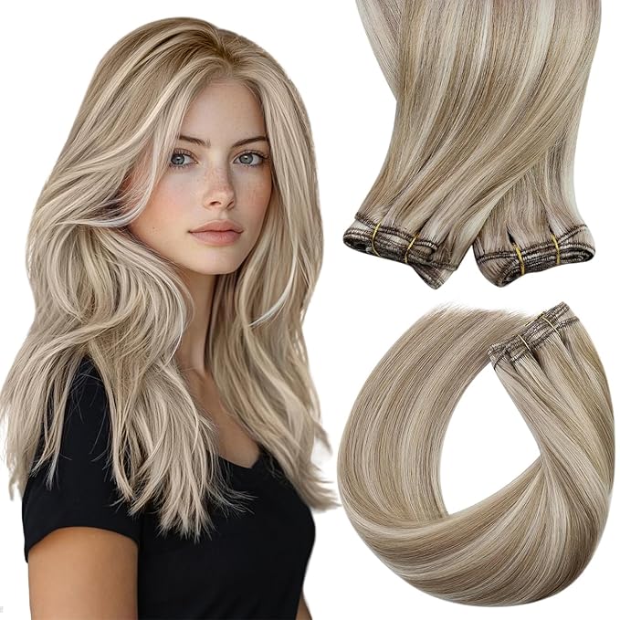 Sunny Hair Sew in Hair Extensions Real Human Hair Blonde Highlights Human Hair Weft Extensions For Women Dark Blonde Mix Platinum Blonde Short Hair Extensions Sew in 12inch 70g