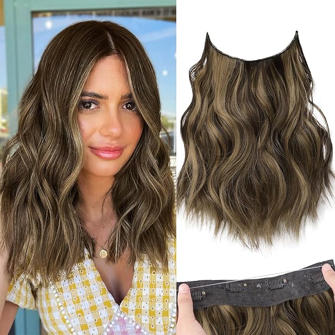 KooKaStyle Invisible Wire Hair Extensions with Transparent Headband Adjustable Size 4 Secure Clips Long Wavy Highlight Hairpiece 12 Inch Balayage Chocolate Brown to Caramel Blonde for Women