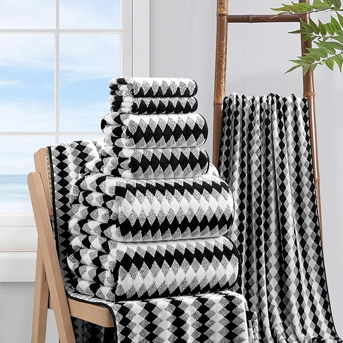 8 Piece Bathroom Towel Set Black White|2 Oversized Large Bath Towels Sheet,2 Hand Towels,4 Washcloths| 600GSM Soft Towel Set for Bathroom Hotel,Highly Absorbent Quick Dry Bath Towel Collections
