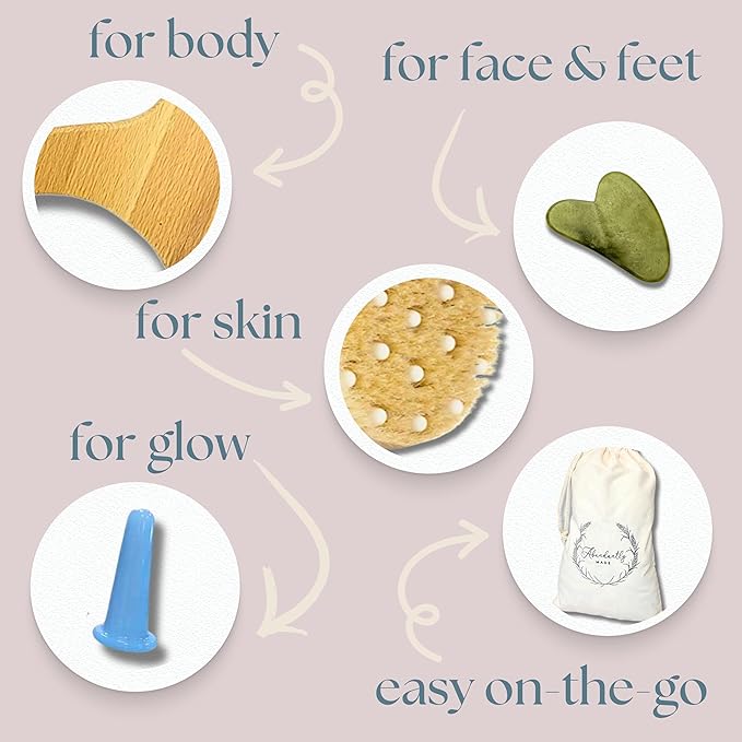 Abundantly Made Co. | 6-Piece Lymphatic Drainage Variety Kit + Wood Therapy Massage Tools | Wood, Jade & Silicone for Maderoterapia, Gua Sha, Cupping & Dry Brushing | Body Sculpting + Fascia Massager