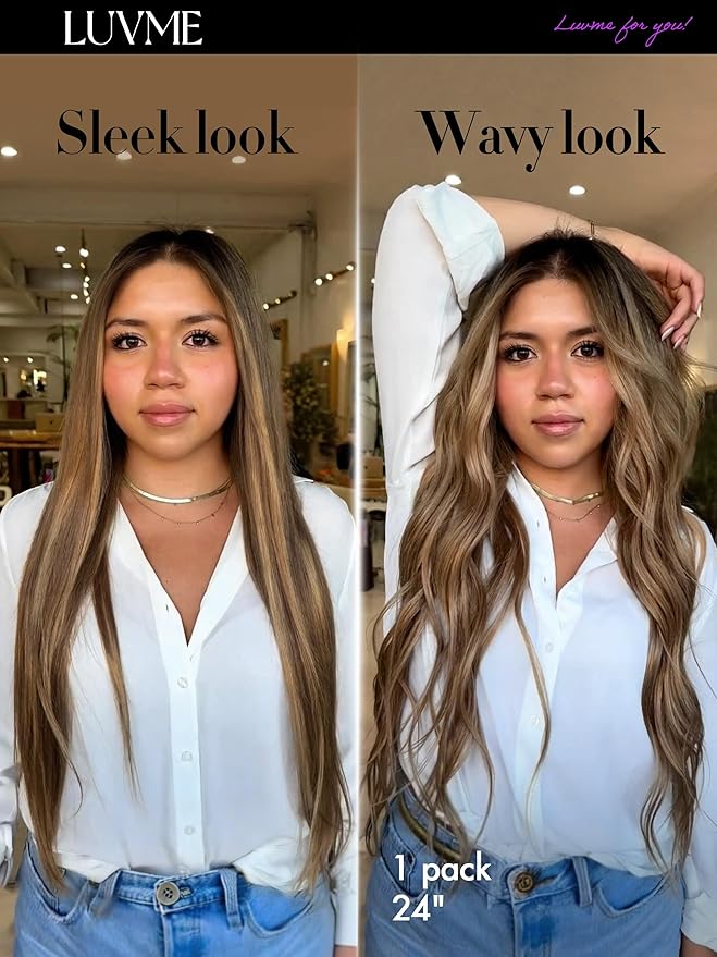 LUVME Straight Seamless 110g 7Pcs Clip in Hair Extensions Full Max with 24inch Remy Human Hair Extensions, Highlight Color 100% Real Soft Human Hair
