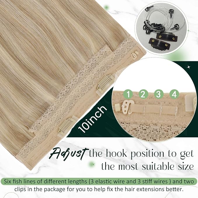 RUNATURE Wire Human Hair Extensions, Blonde Hair Extensions with Transparent Fish Line Human Hair, Straight Natural Hair for Women, Double Weft Thick Hair, 20 Inch 100g #16/22Ash Blonde Highlights