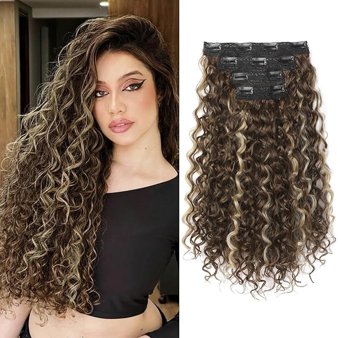 Clip in Hair Extensions, FLUFYMOOZ 4PC 100％ Pure Protein Silk Hair Extensions Long Soft Natural Hairpiece 16 Inch Curly Hair Extension for Women (Medium Brown Ash Blonde Highlight)