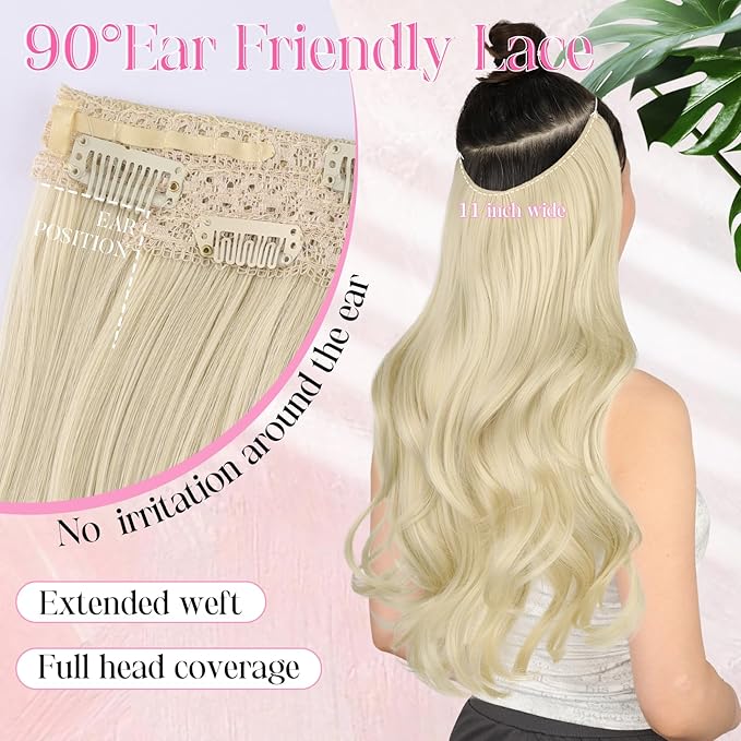 Invisible Wire Hair Extensions with Transparent Wire Adjustable Size 4 Secure Clips Long Wavy Secret Hairpiece 20 Inch for Women(Platinum Blonde)