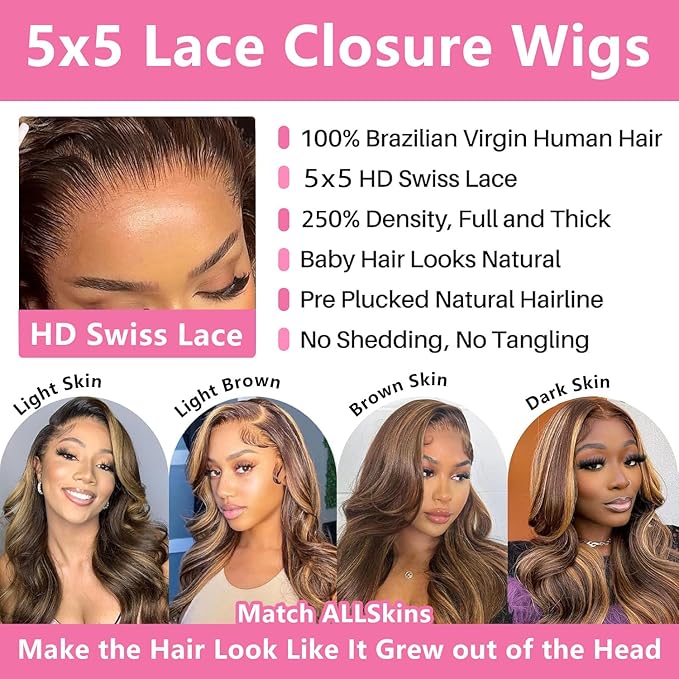 250% Density Highlight Ombre Glueless Wigs Human Hair Pre Plucked Pre Cut 5x5 HD Lace Closure Wigs Human Hair 4/27 Colored Honey Blonde Body Wave Lace Front Wigs 34 Inch