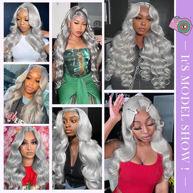 Grey 13x6 Lace Front Wigs Human Hair 200 Density HD Body Wave Lace Front Wigs Human Hair Pre Plucked Pre Cut Lace Frontal Wig 13x6 Body Wave Wig for Women 24 Inch