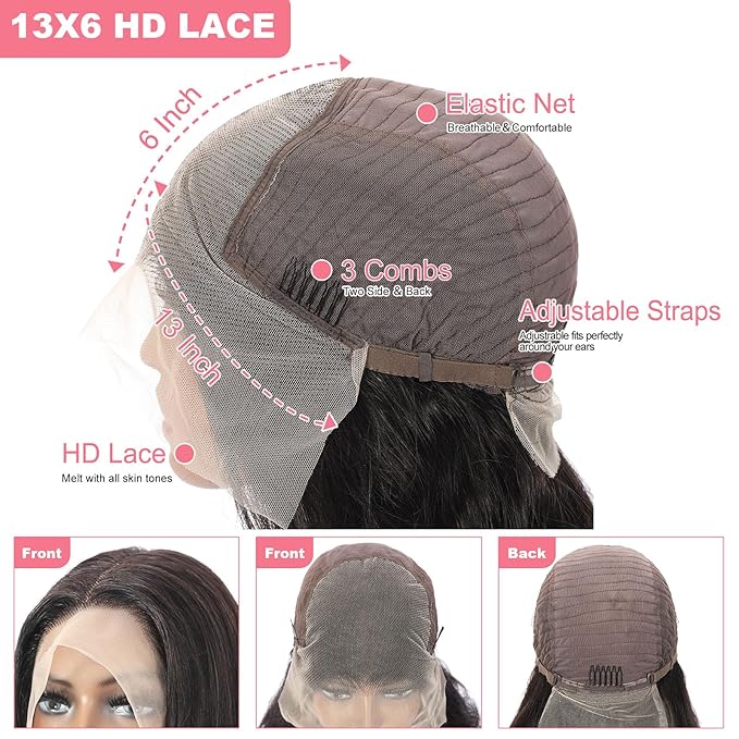 13X6 Body Wave Lace Front Wigs Human Hair 12A 250% Density Lace Frontal Wigs HD Glueless Wigs Human Hair pre Plucked with Baby Hair Natural Color 26 Inch