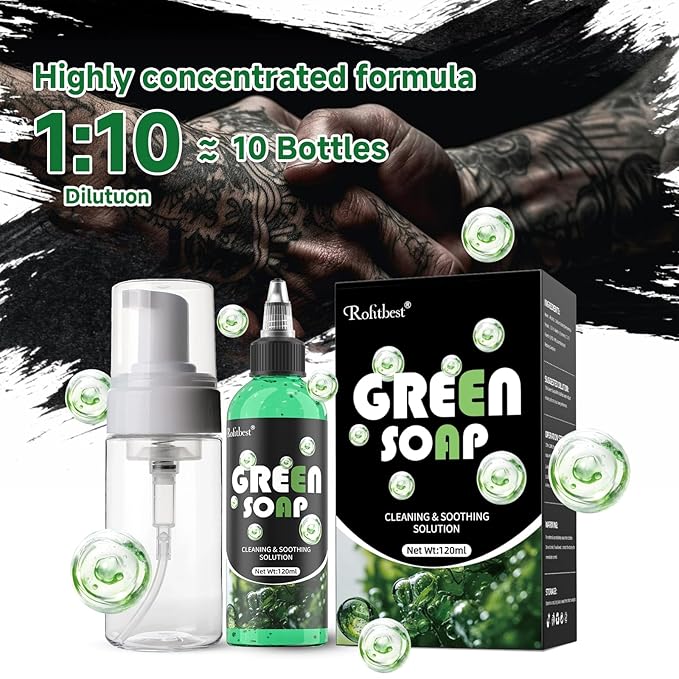 Green Tattoo Soap 4OZ with Foaming Bottle 120ml, Tattoo Supplies for Tattoos Piercings