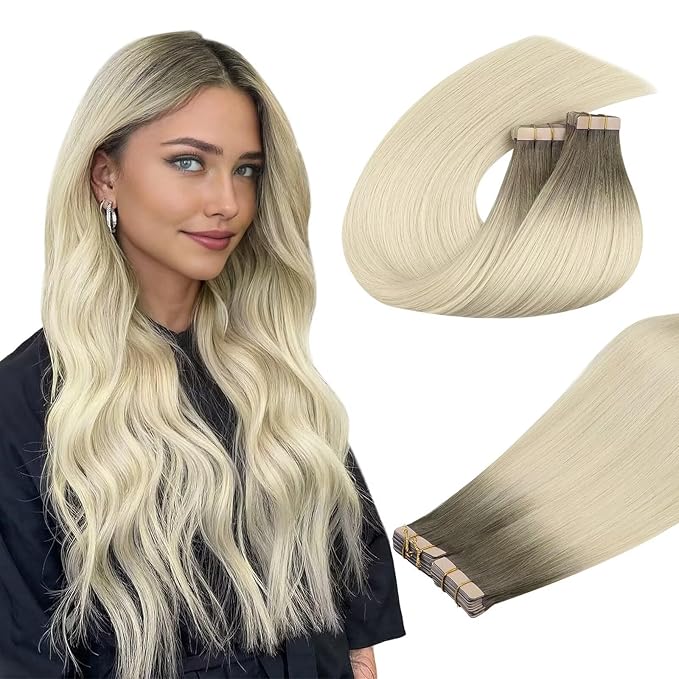 DOORES Human Hair Extensions Tape in Balayage Light Ash Brown to Ash Blonde 14 Inch 40pcs 100g Tape in Remy Human Hair Extensions Hair Extensions Straight