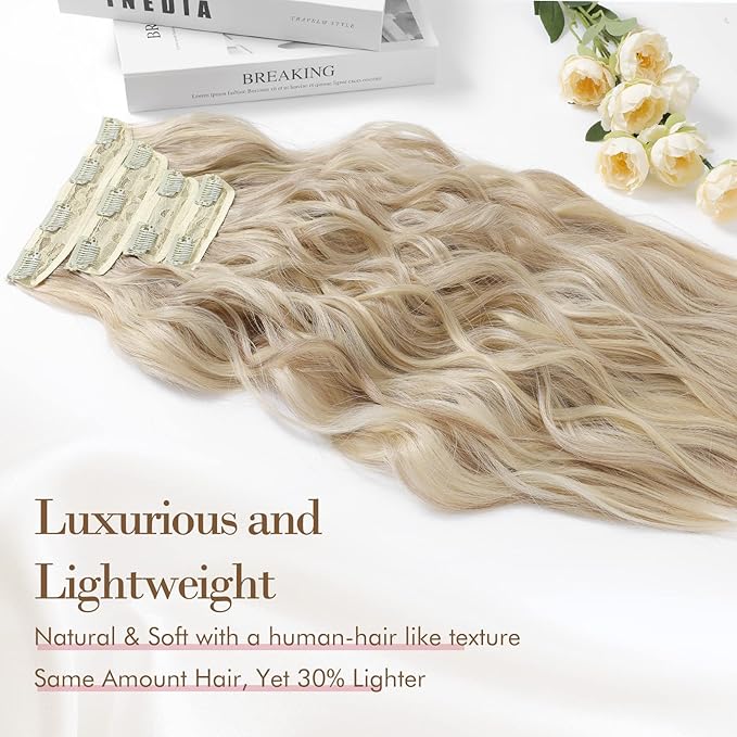 REECHO Hair Extensions, 4PCS Clip in Hair Extensions HE001 Natural Soft Synthetic Hairpieces for Women, Dark Ash Blonde