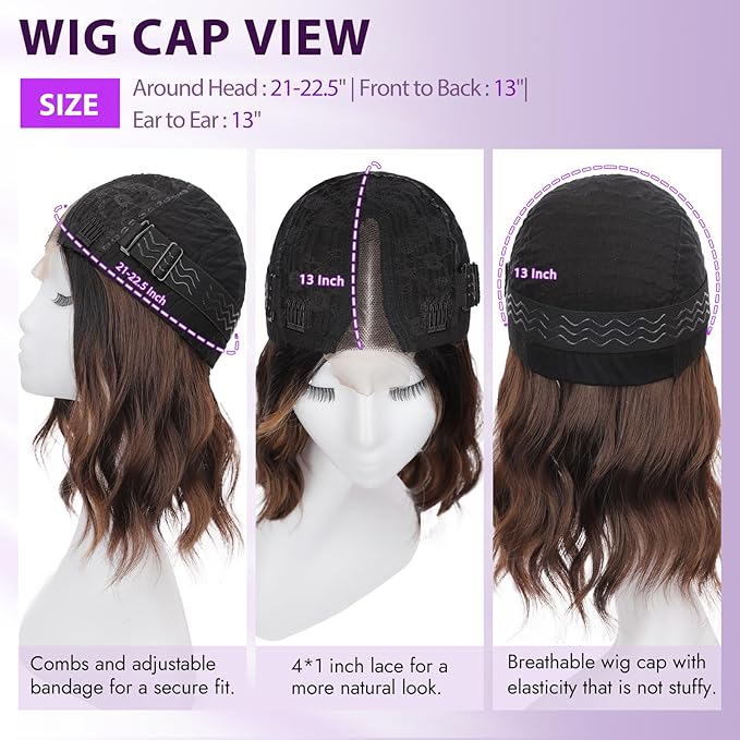 Dark Brown Mixed Blonde Short Wavy Wig for Women Lace Hairline Bob Style Synthetic Heat Resistant - Natural Appearance for Everyday Hairstyle 14 Inch