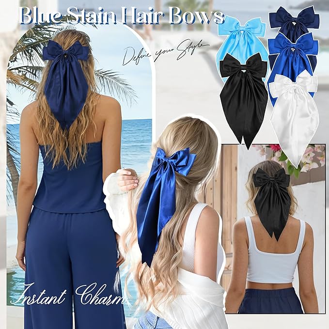 Blue Big Hair Bow for Women - 5Pcs Large Hair Clips for Girls Silky Satin Bows Set, Oversized Long Tail Cute Hair Ribbons Barrettes Aesthetic Hair Accessories Hairbows Gifts