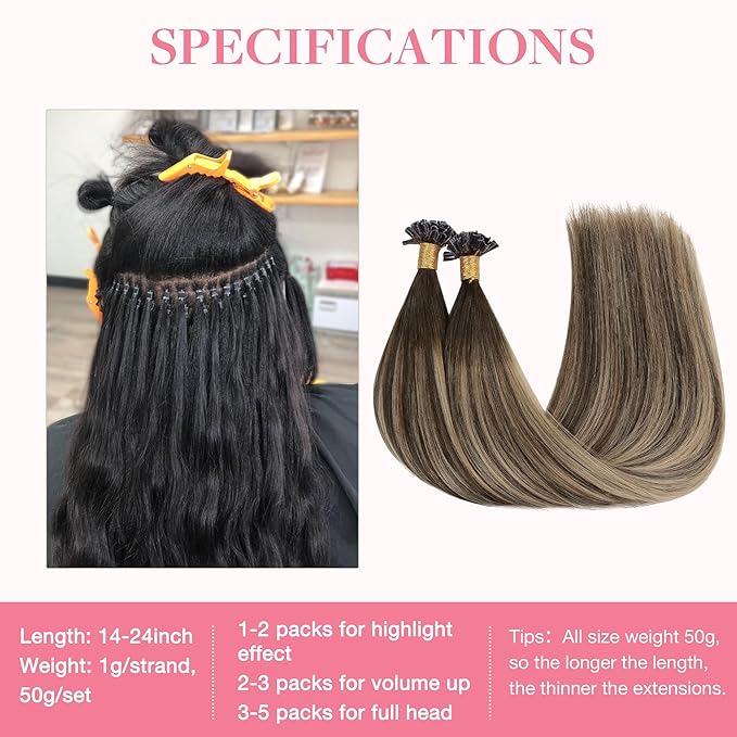 GOO GOO U Tip Real Human Hair Extensions, 20inch 50g, Hot Fusion, Remy Hair, 4/26/4 Balayage Chocolate Brown to Honey Blonde