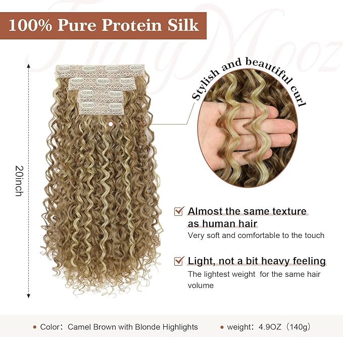 Flufymooz Clip in Hair Extensions, 4PC 100％ Pure Protein Silk Hair Extensions Long Soft Natural Hairpiece 20 Inch Curly Hair Extension for Women- Camel Brown with Blonde Highlights