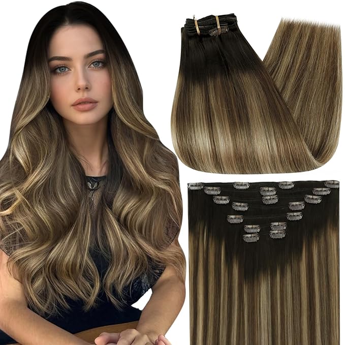 Full Shine Balayage Clip in Hair Extensions Remy Human Hair 14 Inch 120 Grams Hair Extensions Clip ins Double Weft Dark Brown Ombre Brown With Honey Blonde Straight Hair 7 Pcs