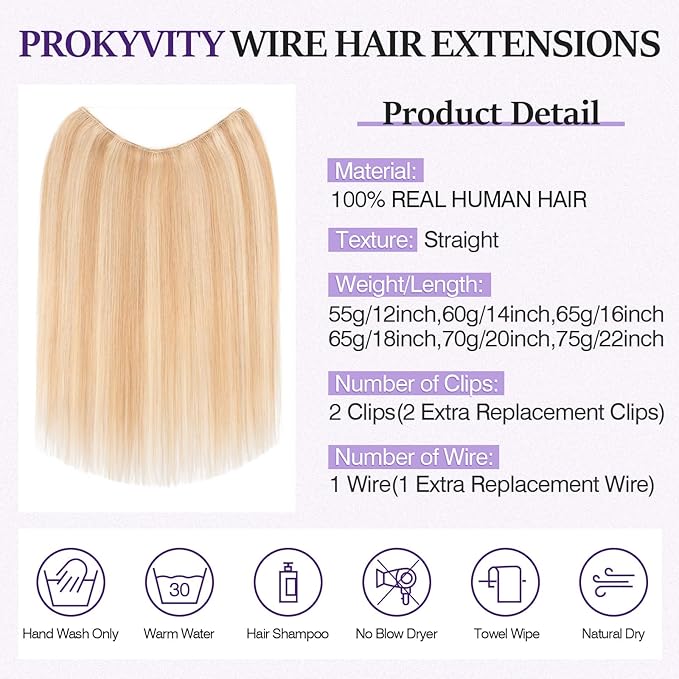 Halo Hair Extensions Real Human Hair,Halo Hair Extension 100% Human Hair, Wire Hair Extensions,Straight 18P613 Gold Blonde Mixed Bleach Blonde 12inch/55g
